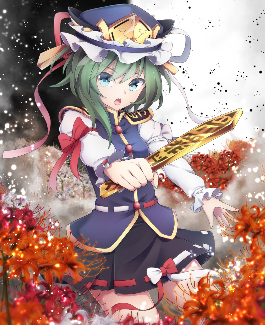 1girl arm_ribbon blue_eyes chestnut_mouth field flower flower_field green_hair hat hat_ribbon highres juliet_sleeves long_sleeves looking_at_viewer nogisaka_kushio open_mouth puffy_sleeves ribbon rod_of_remorse shiki_eiki shirt skirt solo spider_lily thighs touhou uniform vest