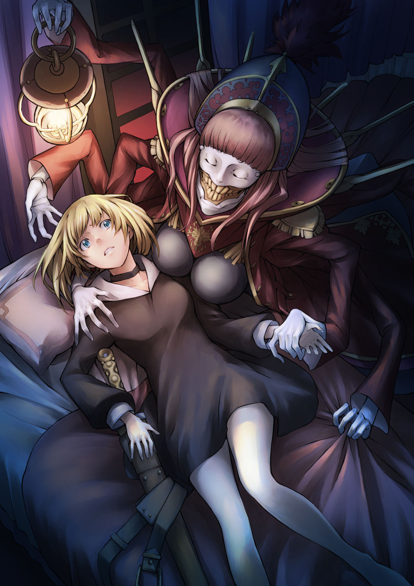 2girls bed bed_sheet black_dress blonde_hair blue_eyes brown_hair choker clenched_teeth collarbone curtains dress epaulettes hands_together highres holding lantern long_hair lying multiple_arms multiple_girls noraico on_bed original pillow sheath sheathed sheet_grab sword teeth weapon window