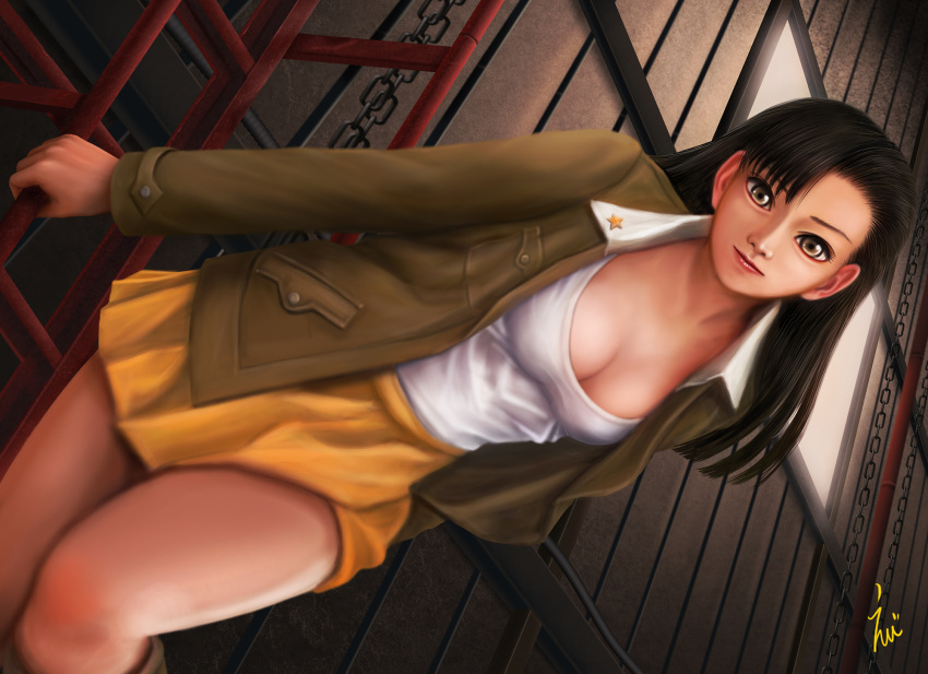1girl black_hair breasts brown_eyes brown_hair chain cleavage closed_mouth dutch_angle ebi_(eeotoko) girls_und_panzer highres holding jacket long_hair long_sleeves miniskirt nishi_kinuyo signature skirt smile solo star wooden_wall yellow_skirt