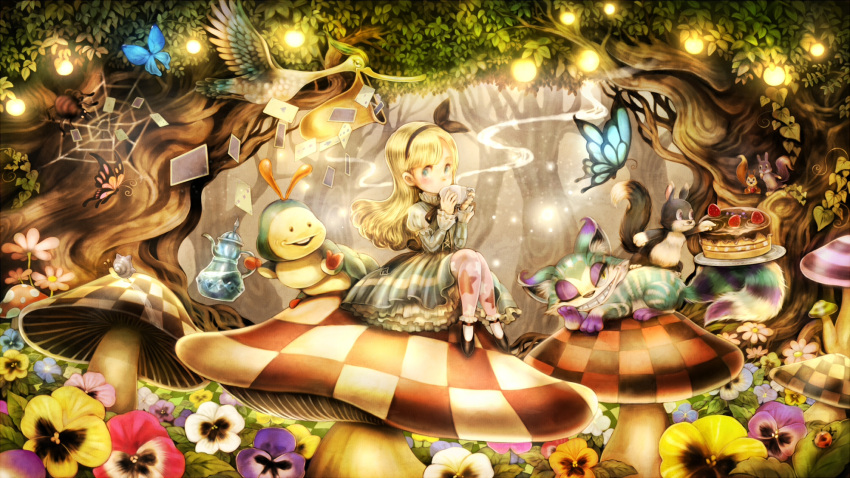 1girl alice_(wonderland) alice_in_wonderland bangs bird blonde_hair butterfly cake card cat caterpillar caterpillar_(wonderland) cheshire_cat cup flower food grin highres long_hair mary_janes mushroom one_eye_closed outdoors pantyhose playing_card shoes sitting smile snail spider star steam sui_(petit_comet) teacup teapot tree