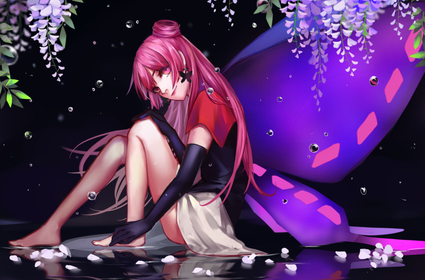 androgynous bare_legs barefoot black_gloves butterfly_earrings butterfly_wings cardcaptor_sakura cat_(pixiv5891854) double_bun earrings elbow_gloves flower from_side full_body gloves highres jewelry lipstick long_hair makeup petals pink_eyes pink_hair reflection ruby_moon sitting smile solo very_long_hair water_droplets wings wisteria