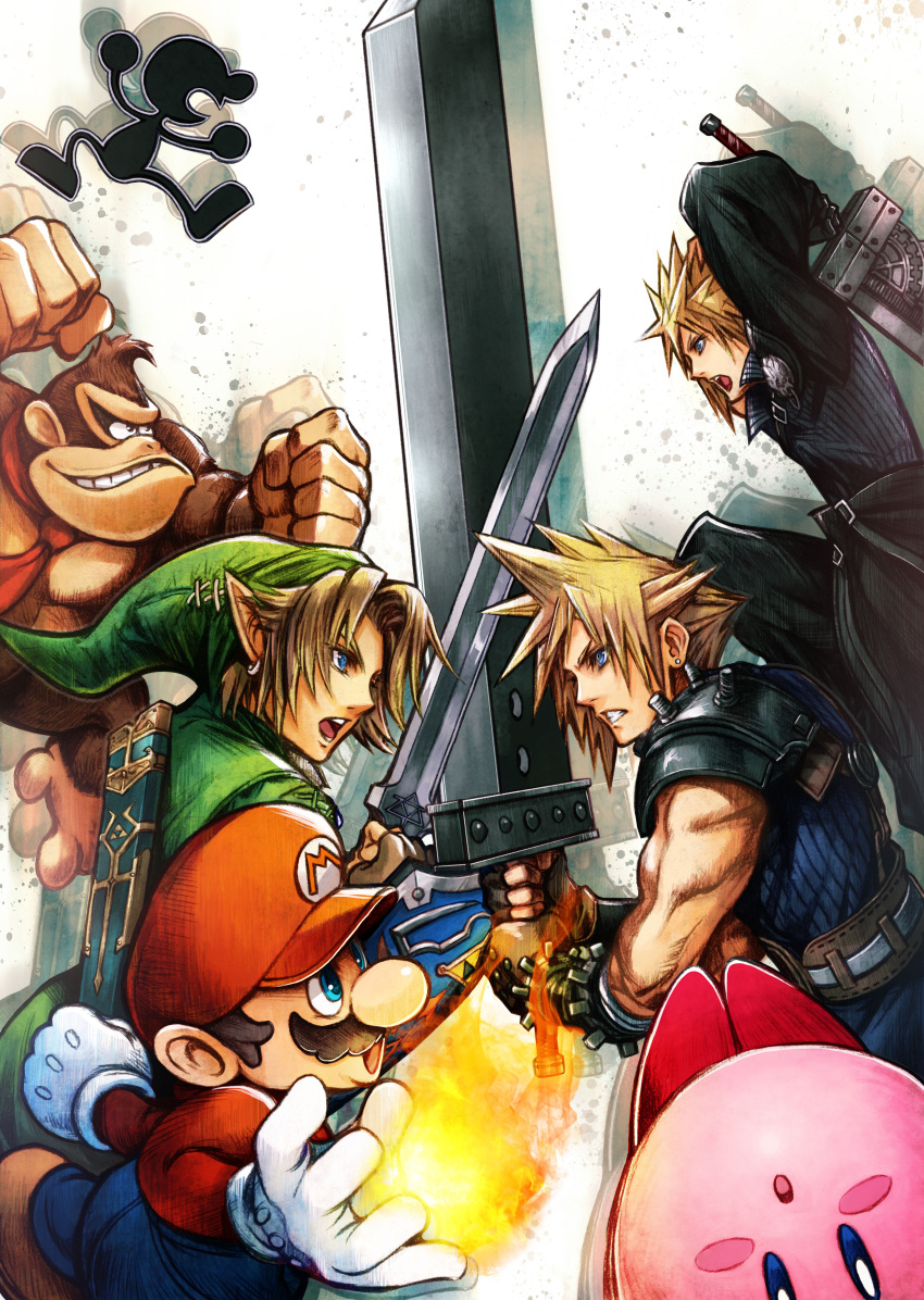 4boys :o absurdres blue_eyes blush brown_fur brown_gloves clenched_hand clenched_teeth cloud_strife collar donkey_kong donkey_kong_(series) dual_persona earrings emblem facial_hair final_fantasy final_fantasy_vii final_fantasy_vii_advent_children fingerless_gloves fireball gloves gorilla hat highres holding_sword holding_weapon huge_weapon jewelry kirby kirby_(series) link looking_at_another looking_at_viewer mario super_mario_bros. monkey mr._game_&amp;_watch multiple_boys muscle mustache necktie nomura_tetsuya official_art open_mouth red_necktie scabbard sheath shield simple_background spiky_hair super_mario_bros. super_smash_bros. sword teeth the_legend_of_zelda triforce unsheathed weapon white_background white_gloves