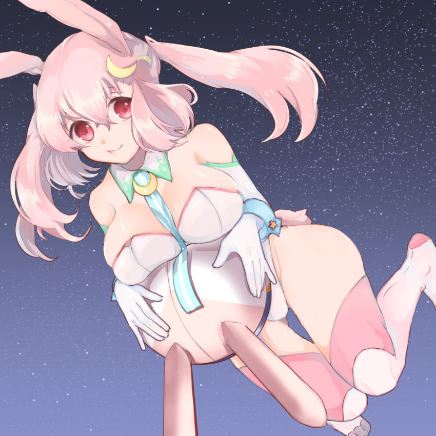 1girl animal_ears bare_shoulders between_breasts breasts bunny_girl bunny_tail bunnysuit cleavage crescent_hair_ornament detached_collar elbow_gloves floating gloves hair_between_eyes hair_ornament highres large_breasts leotard long_hair looking_at_viewer original pink_eyes pink_hair pink_legwear rabbit_ears shioyaki_sawara sky solo star_(sky) starry_sky strapless tail thigh-highs twintails wrist_cuffs