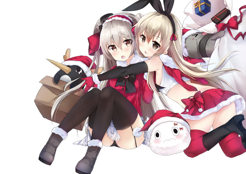 &gt;_&lt; &gt;o&lt; 2girls absurdres adapted_costume amatsukaze_(kantai_collection) arm_warmers bag bare_shoulders black_boots black_panties blonde_hair boots box brown_eyes brown_hair brown_legwear cardboard_box christmas closed_eyes crop_top elbow_gloves failure_penguin gift gift_box gloves hair_tubes hairband hat highres kantai_collection long_hair miss_cloud multiple_girls navel open_mouth panties pimemomo red_gloves red_legwear rensouhou-chan ribbon sack santa_hat shimakaze_(kantai_collection) silver_hair skirt thigh-highs two_side_up underwear windsock zettai_ryouiki
