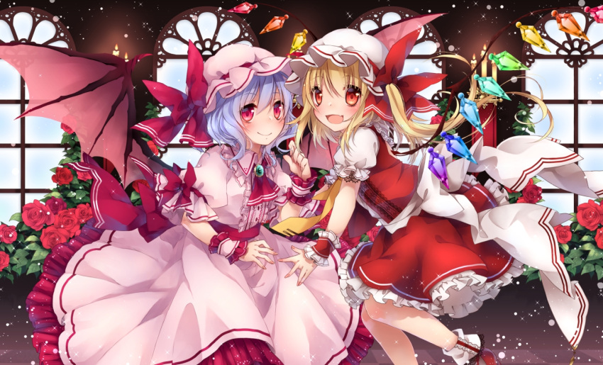 2girls :d ankle_ribbon bangs bat_wings black_legwear blonde_hair blue_hair blush bow brooch candle center_frills checkered checkered_floor cravat dress eyebrows eyebrows_visible_through_hair fang flandre_scarlet flower frilled_sleeves frills hat hat_ribbon holding_weapon jewelry lace-trimmed_legwear lace-trimmed_sleeves laevatein long_hair mob_cap multiple_girls open_mouth pantyhose puffy_short_sleeves puffy_sleeves purple_hair red_bow red_eyes red_flower red_ribbon red_rose red_shoes red_skirt red_vest remilia_scarlet ribbon rose rose_bush shirt shoes short_hair short_sleeves siblings sisters skirt slit_pupils smile socks solo touhou toutenkou weapon white_legwear white_shirt window wings wrist_cuffs
