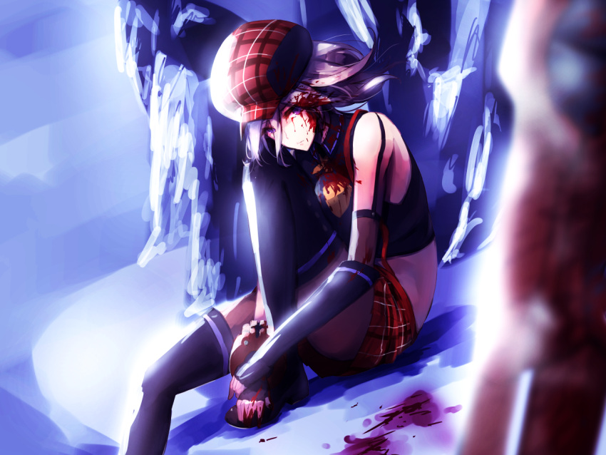 1girl alisa_ilinichina_amiella blood blood_on_face bloody_clothes blue_eyes breasts fingerless_gloves gloves god_eater god_eater_burst hat huge_weapon large_breasts long_hair looking_at_viewer plaid silver_hair sitting solo suspenders sword thigh-highs weapon