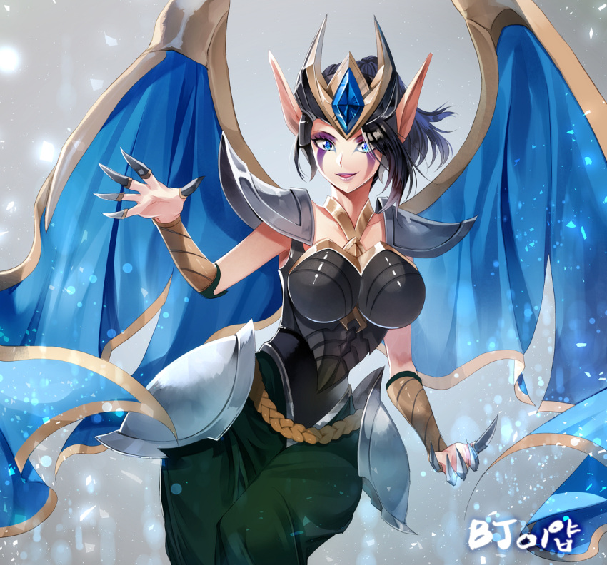 1girl alternate_costume alternate_hairstyle armor armored_dress artist_request black_hair blue_eyes happy league_of_legends morgana pointy_ears ponytail victorious_morgana wings