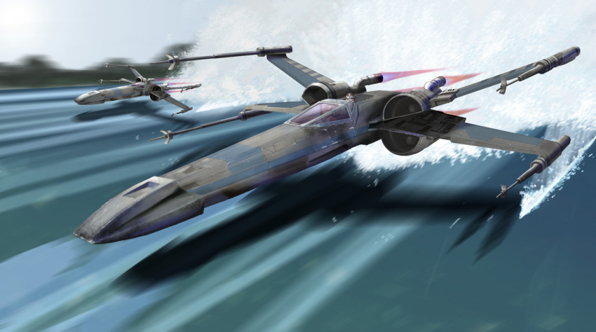 bb-8 cannon i.t.o_daynamics mecha motion_blur robot space_craft star_wars water x-wing