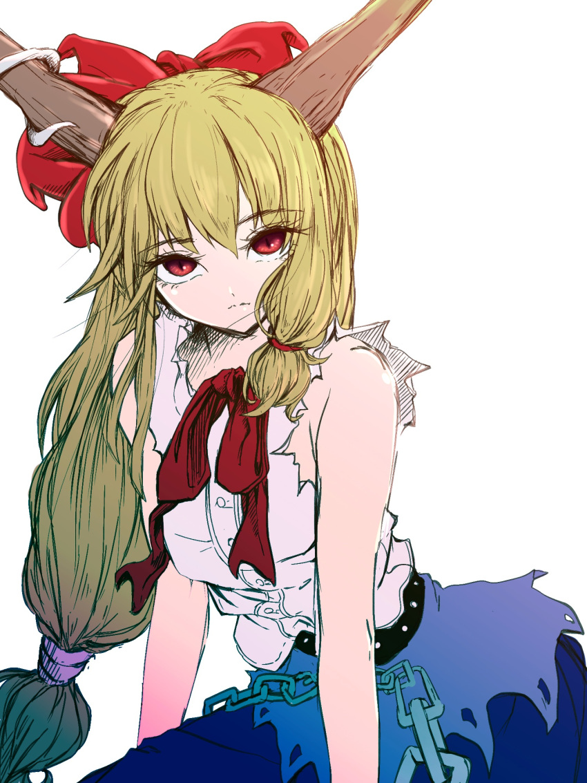 1girl backlighting blonde_hair blue_skirt bow breasts chain darjeeling_(reley) expressionless hair_bow hair_ornament hair_scrunchie hair_tie highres horns ibuki_suika long_hair long_skirt looking_at_viewer red_eyes ribbon scrunchie simple_background skirt slit_pupils solo torn_clothes torn_sleeves touhou very_long_hair white_background