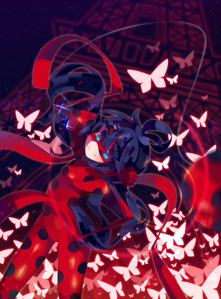 1girl absurdres black_hair blue_hair bodysuit butterfly chang_go domino_mask eiffel_tower highres ladybug_(character) magical_girl marinette_cheng mask miraculous_ladybug polka_dot red_ribbon ribbon sky smile solo star_(sky) starry_sky symbol-shaped_pupils twintails