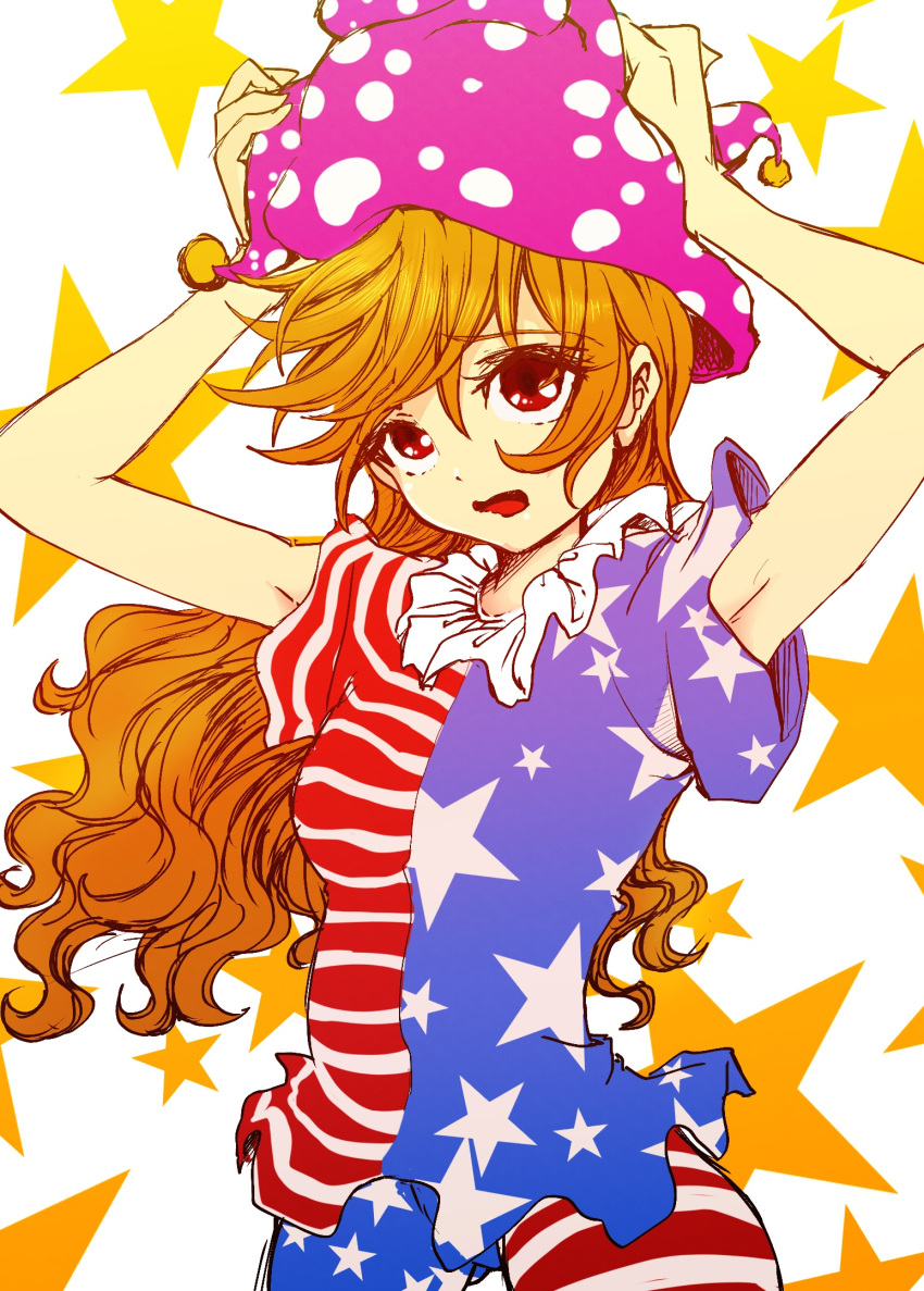 1girl adjusting_clothes adjusting_hat american_flag_legwear american_flag_shirt bangs blonde_hair clownpiece cowboy_shot darjeeling_(reley) hands_on_headwear hat highres jester_cap long_hair open_mouth red_eyes short_sleeves small_breasts solo star starry_background thighs touhou very_long_hair wavy_hair white_background