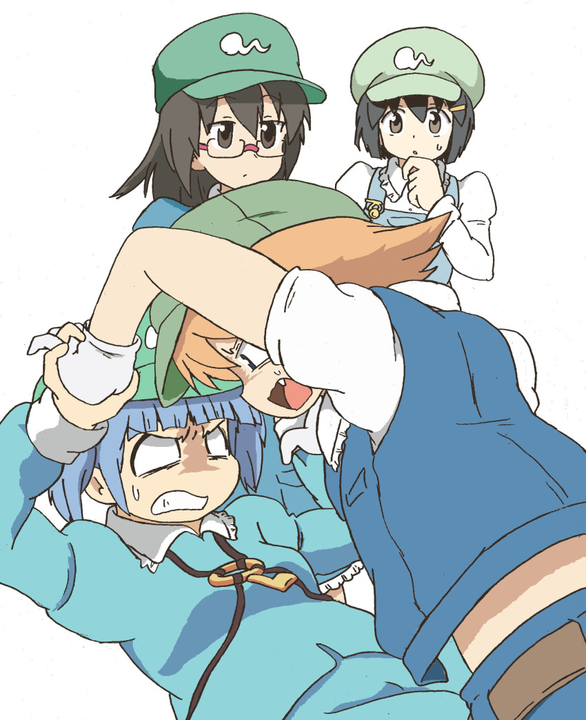 4girls absurdres aoyoshi backpack bag black_hair blonde_hair blue_eyes blue_hair brown_eyes dark_haired_kappa extra fang glasses hair_bobbles hair_ornament hat highres kappa kappa_mob kawashiro_nitori key multiple_girls open_mouth rimless_glasses short_hair simple_background tagme touhou twintails two_side_up white_background