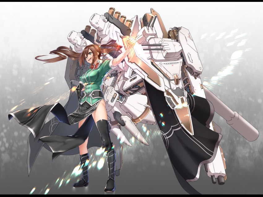 1girl :d aqua_shirt armor asymmetrical_legwear big.g black_boots black_skirt boots brown_hair cannon clenched_hand floating_hair gloves gradient gradient_background grey_background hair_ribbon hand_on_hip kantai_collection legs_apart letterboxed long_hair machinery mecha_musume no_panties open_mouth outstretched_arm pelvic_curtain ribbon shirt short_sleeves side_slit single_elbow_glove single_thighhigh skirt smile solo standing thigh-highs tone_(kantai_collection) turret twintails