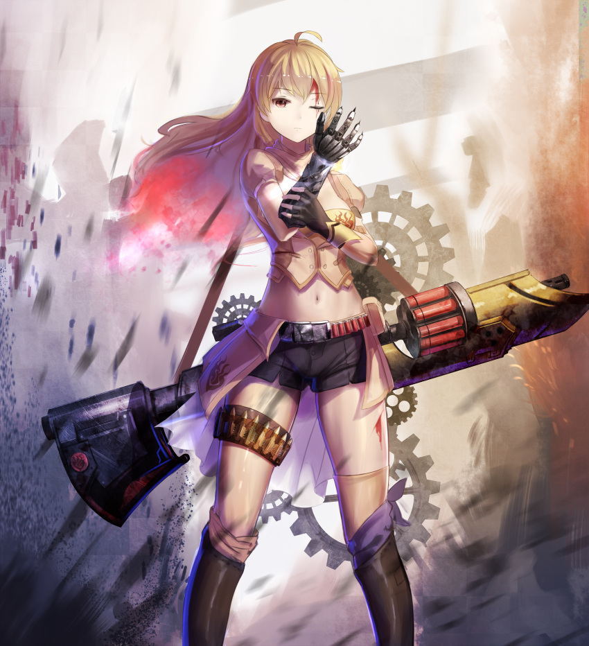 1girl absurdres adjusting_clothes adjusting_gloves ahoge bandolier bangs belt belt_pouch black_boots black_gloves black_shorts blonde_hair blood blood_on_face boots buckle cannon fingerless_gloves floating_hair gauntlets gears gloves highres legs_apart long_hair midriff motion_blur one_eye_closed orange_eyes puffy_short_sleeves puffy_sleeves red_flowers rwby shell_casing short_sleeves shorts single_glove single_thighhigh solo standing thigh-highs thigh_strap waist_cape weapon yang_xiao_long yellow_legwear