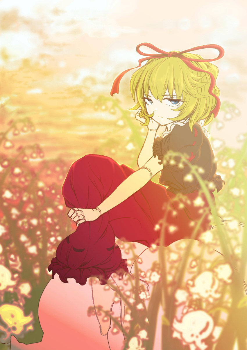 1girl barefoot black_shirt blonde_hair blurry clouds darjeeling_(reley) depth_of_field doll_joints expressionless field flower flower_field hair_ribbon hand_on_own_cheek highres leg_hold lily_of_the_valley long_skirt looking_at_viewer looking_to_the_side medicine_melancholy pink_sky red_skirt ribbon ribbon-trimmed_clothes ribbon-trimmed_skirt ribbon_trim shirt short_hair short_sleeves sitting skirt slit_pupils solo touhou
