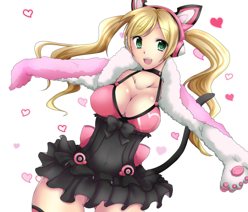 1girl animal_ears blonde_hair breasts cat_ear_headphones cat_ears cat_tail choker cleavage gloves green_eyes headphones heart highres long_hair lucky_chloe namco open_mouth outstretched_arms paw_gloves smile solo tail tekken tekken_7 twintails underbust