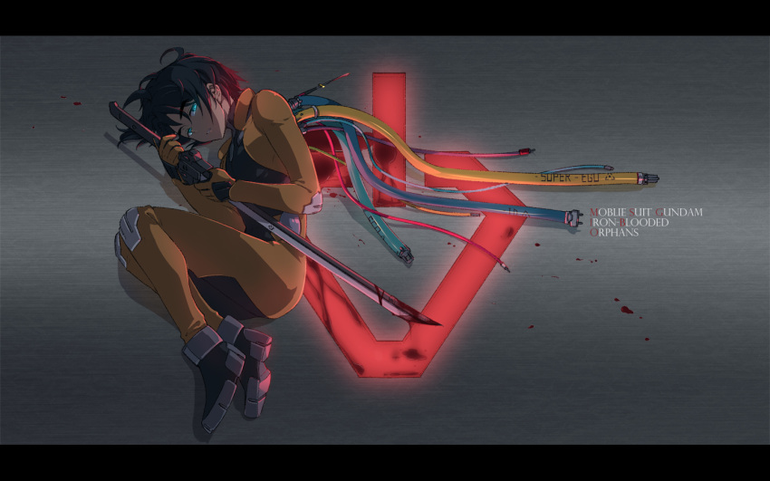 1boy ahoge black_hair blood bloody_weapon blue_eyes bodysuit cable copyright_name elbow_pads fetal_position full_body gloves glowing glowing_eyes grey_background gundam gundam_tekketsu_no_orphans hair_between_eyes holding_sword holding_weapon knee_pads letterboxed liusang logo long_sleeves looking_at_viewer male_focus mikazuki_augus parted_lips shoes solo sword weapon