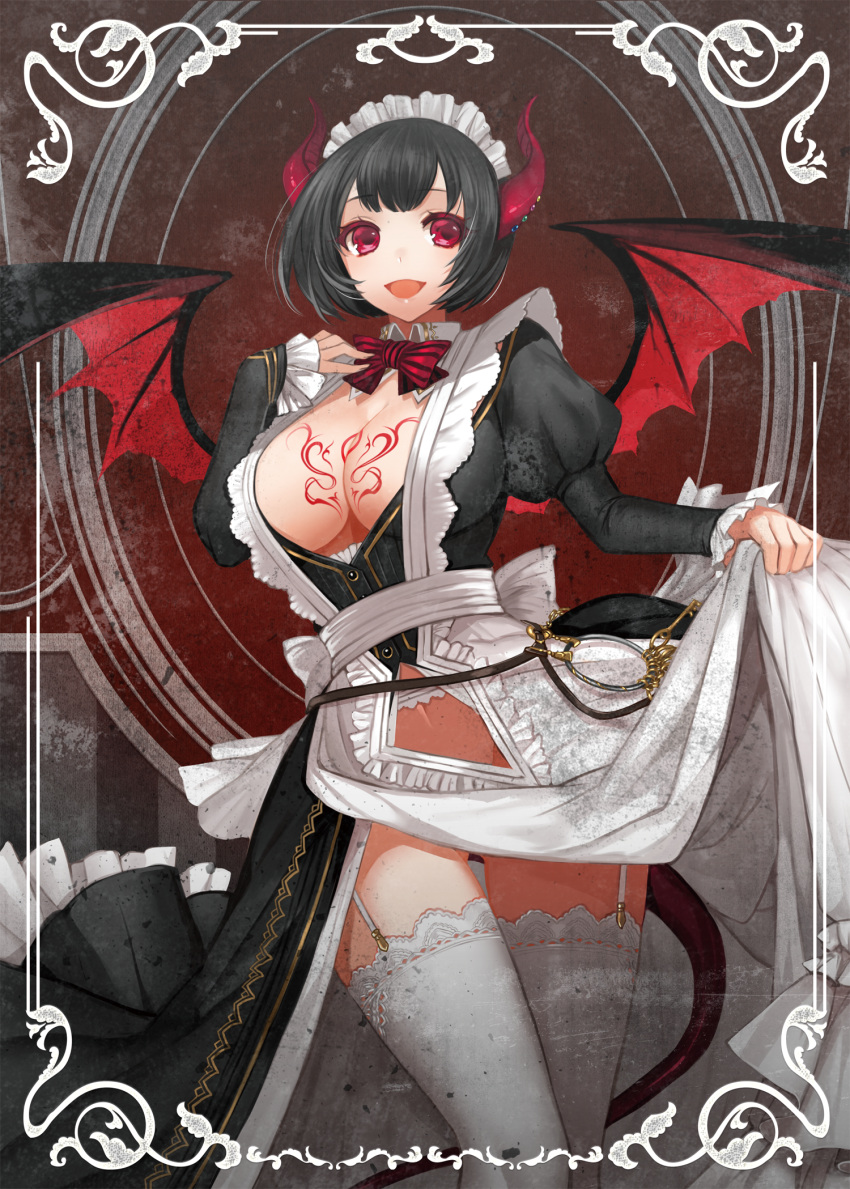 1girl :d apt bangs bat_wings black_hair black_jacket blunt_bangs bowtie breasts buttons cleavage cleavage_cutout collar demon_girl demon_horns dress dress_lift frilled_sleeves frills garter_straps groin highres horns jacket key keyring large_breasts long_sleeves looking_at_viewer maid_headdress navel navel_cutout open_mouth original puffy_long_sleeves puffy_sleeves red_background red_bowtie red_eyes short_hair simple_background smile solo standing stomach striped striped_bowtie succubus tattoo thigh-highs thigh_gap white_border white_dress white_legwear wings
