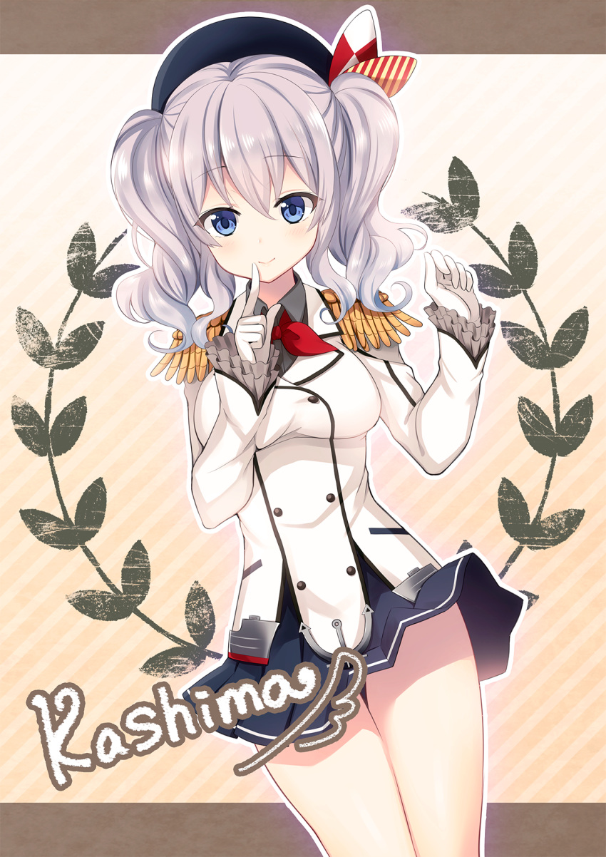 1girl blue_eyes breasts character_name clear_moon epaulettes finger_to_mouth gloves highres kantai_collection kashima_(kantai_collection) silver_hair smile solo striped striped_background twintails