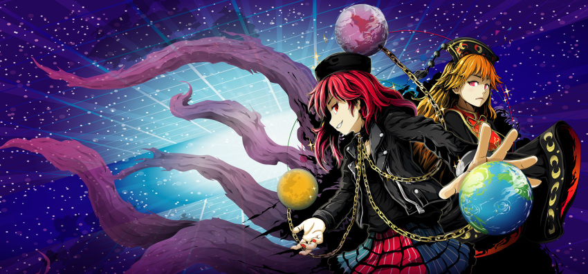 2girls album_cover bare_shoulders black_dress blonde_hair chain chinese_clothes clothes_writing coba_(bushclover) collar cover dress earth_(ornament) grid hat hecatia_lapislazuli highres junko_(touhou) leather_jacket long_hair long_sleeves moon_(ornament) multiple_girls open_mouth red_eyes redhead sash shirt skirt smile space star_(sky) t-shirt tabard touhou very_long_hair wide_sleeves