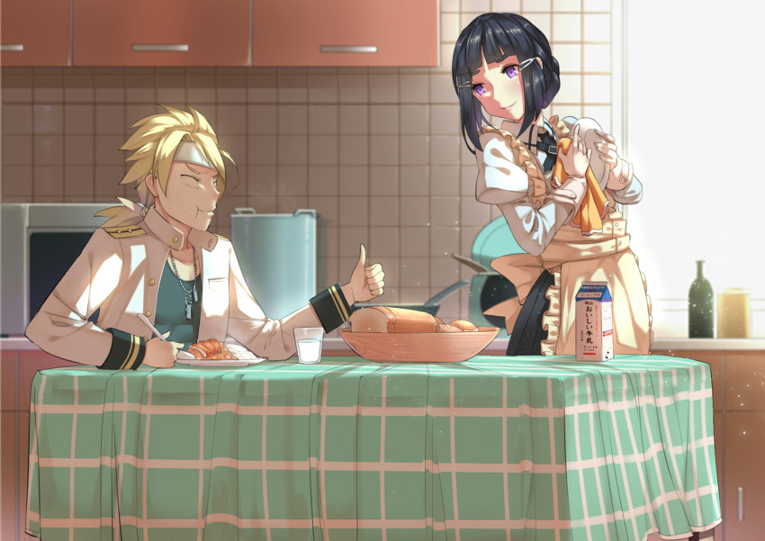 1boy 1girl :t admiral_(kantai_collection) alternate_eye_color apron black_hair black_skirt blonde_hair bottle bread closed_eyes cloth commentary_request cooking_pot cup curry dog_tags drinking_glass eyebrows food gloves hair_bun hair_ornament hairclip headband holding holding_spoon jacket kantai_collection kitchen loaf_of_bread long_hair long_sleeves low_ponytail milk myoukou_(kantai_collection) open_clothes open_jacket plate ponytail puffy_long_sleeves puffy_sleeves remodel_(kantai_collection) rice short_hair skirt smile spoon table thick_eyebrows thumbs_up violet_eyes worldless