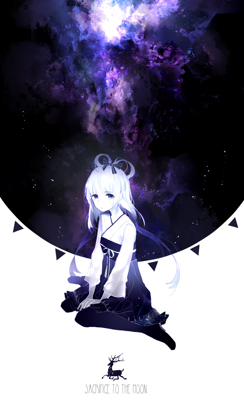 1girl absurdres alternate_color bow dress frilled_dress frills galaxy hair_bow hair_ornament highres japanese_clothes kimono looking_at_viewer luo_tianyi monochrome short_hair sitting solo star_(sky) vocaloid wariza yu_jiu yukata