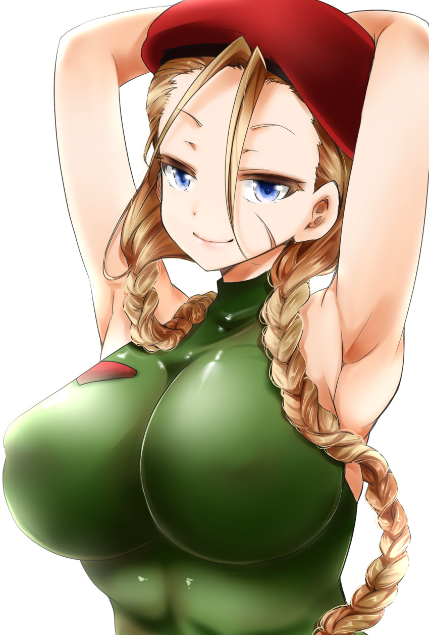 1girl arms_up beret blonde_hair braid breasts cammy_white covered_nipples hal_(goshujinomocha) hat highres large_breasts leotard long_hair looking_at_viewer simple_background smile solo street_fighter thigh-highs twin_braids white_background