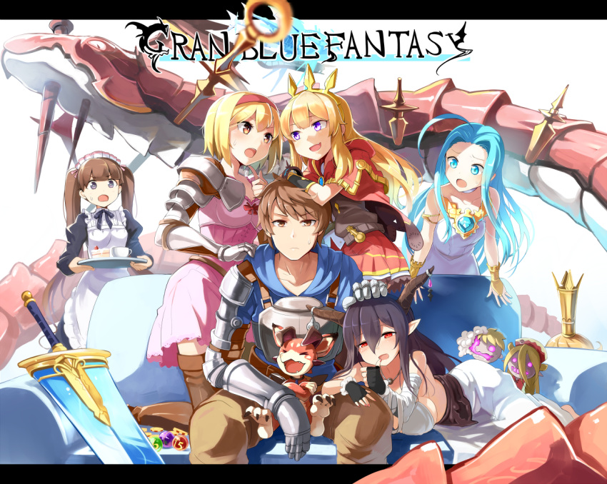 1boy 5girls armor black_hair blonde_hair blue_eyes blue_hair bracelet breasts brown_eyes brown_hair cagliostro_(granblue_fantasy) cake collarbone crown cup danua djeeta_(granblue_fantasy) dorothy_(granblue_fantasy) dragon dress emerane food gauntlets granblue_fantasy grey_eyes hand_on_another's_head horn_ornament horns jewelry juliet_sleeves large_breasts long_hair long_sleeves looking_at_viewer lyria_(granblue_fantasy) maid maid_headdress multiple_girls open_mouth patting_head petting puffy_sleeves red_eyes shirt short_hair skirt sword teacup tray twintails very_long_hair violet_eyes weapon white_dress