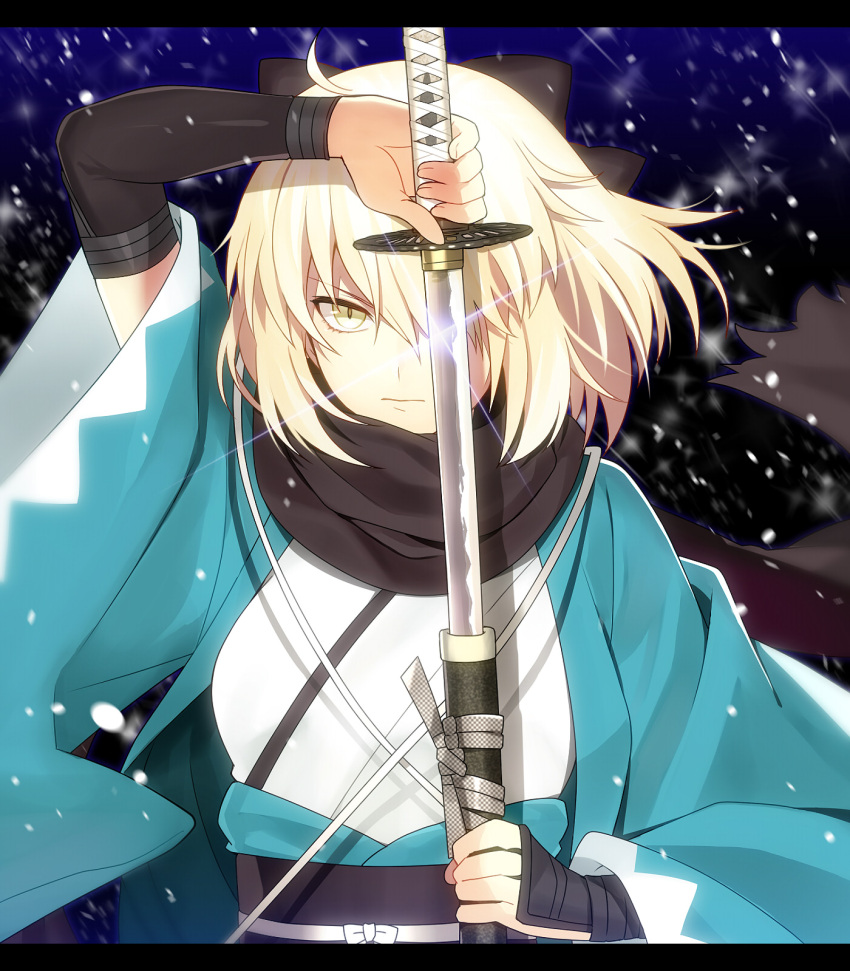 1girl ahoge blonde_hair fate/grand_order fate_(series) highres japanese_clothes katana sakura_saber sanae_(satansanae) sheath solo sword unsheathing weapon
