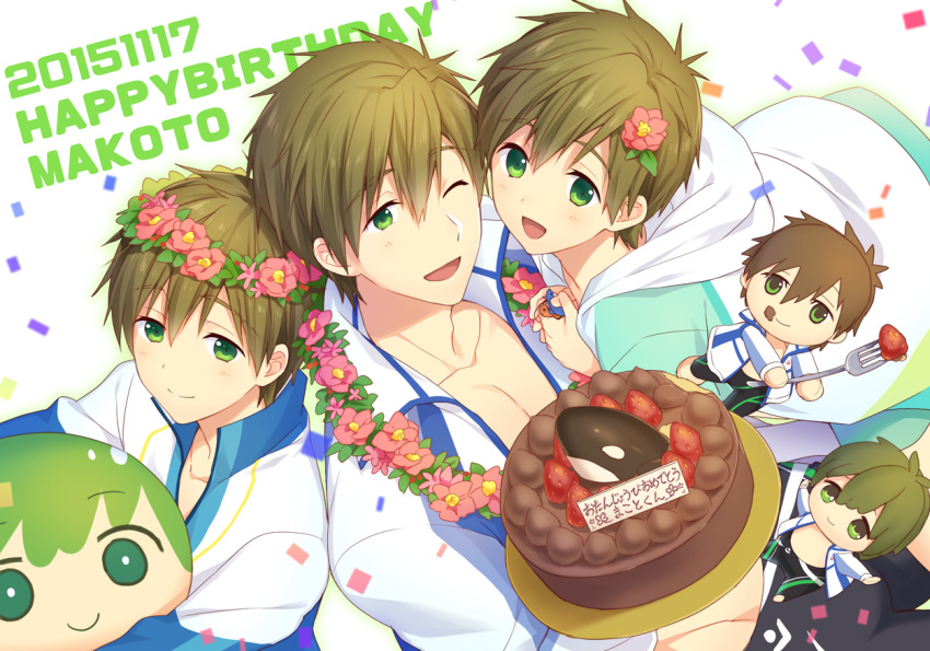 5boys ;d brown_hair cake chibi confetti dated flower food free! fruit funikurikurara green_eyes hair_flower hair_ornament happy_birthday head_wreath hoodie jacket male_focus miniboy multiple_boys multiple_persona one_eye_closed open_mouth orca smile strawberry tachibana_makoto time_paradox track_jacket younger