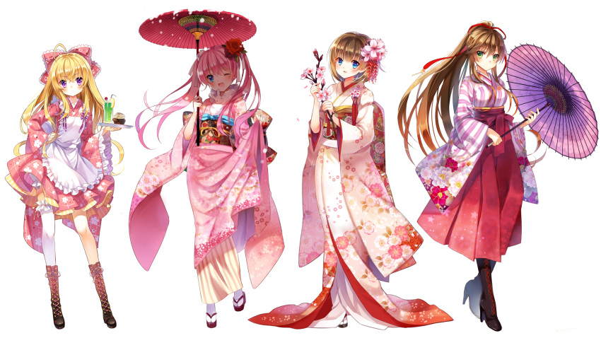 4girls :d ahoge apron bangs bendy_straw blonde_hair blue_eyes blush boots bow branch brown_hair contrapposto cross-laced_footwear cup cupcake dress drinking_straw eyebrows eyebrows_visible_through_hair floral_print flower food frilled_sleeves frills fruit full_body fur_collar furisode garters green_eyes hair_bow hair_flower hair_ornament hair_ribbon hakama hand_on_hip high_heel_boots high_heels highres holding japanese_clothes jiji_(381134808) kimono knot lace-up_boots legs_apart lemon lemon_slice long_hair long_sleeves looking_at_viewer multiple_girls obi one_eye_closed open_mouth oriental_umbrella original petals pink_flower platform_footwear pom_pom_(clothes) ponytail print_kimono rabbit red_flower ribbon sash short_hair simple_background single_thighhigh skirt_hold smile snowing standing standing_on_one_leg striped tabi tassel thigh-highs tray twintails umbrella very_long_hair violet_eyes white_apron white_background white_legwear wide_sleeves