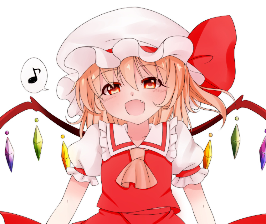 1girl absurdres arms_at_sides ascot asymmetrical_wings blonde_hair dress fang flandre_scarlet hat highres looking_at_viewer mob_cap musical_note open_mouth pinako_(3357633) puffy_short_sleeves puffy_sleeves red_dress red_eyes short_hair short_sleeves side_ponytail solo touhou wings