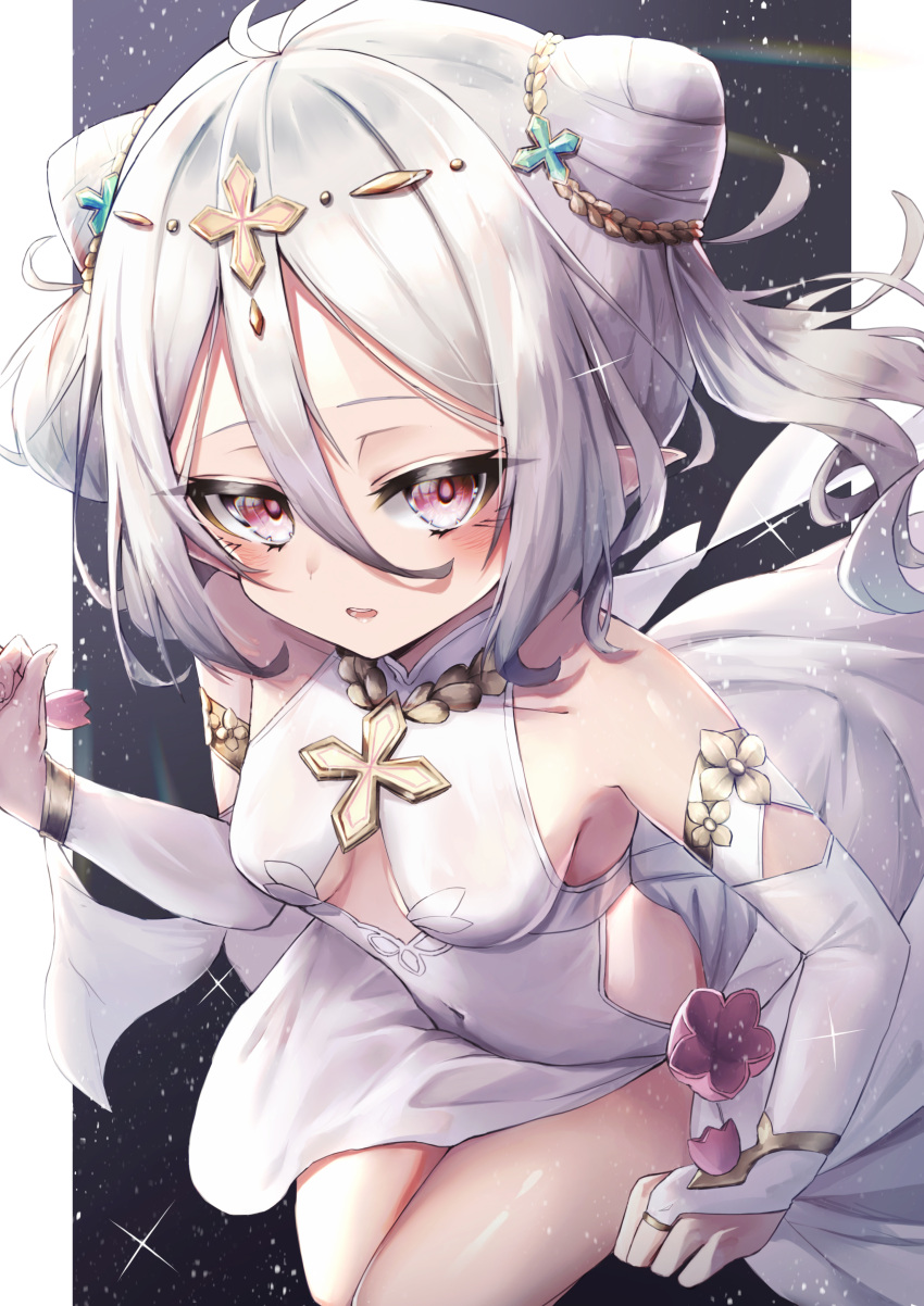 1girl absurdres blush breasts bridal_gauntlets covered_navel double_bun dress elbow_gloves gloves hair_between_eyes highres hinamayo kokkoro_(princess_connect!) long_hair looking_at_viewer open_mouth pink_eyes pointy_ears princess_connect! small_breasts solo white_dress white_gloves white_hair
