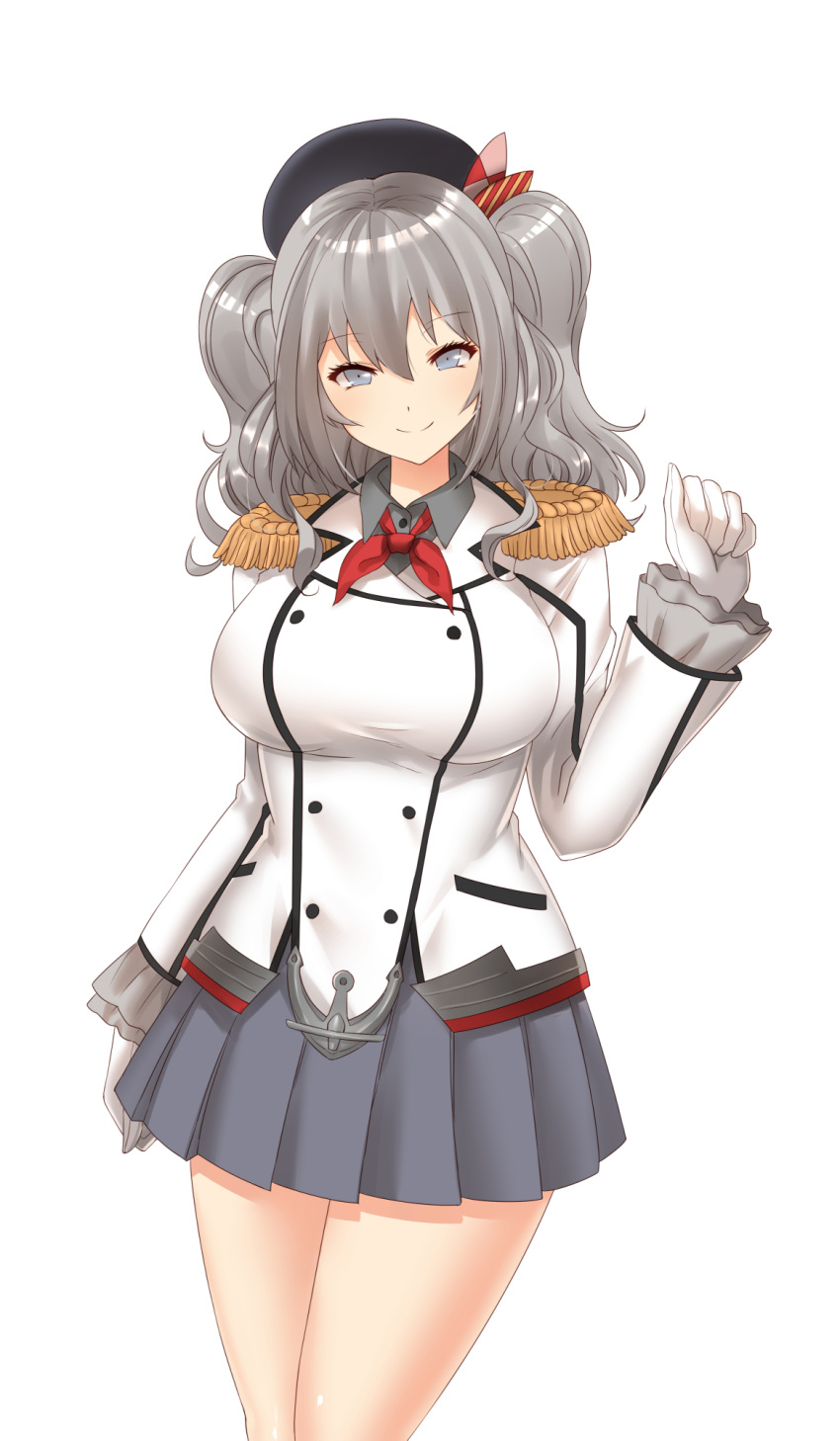 1girl breasts epaulettes gloves grey_eyes grey_hair hat highres kantai_collection kashima_(kantai_collection) large_breasts long_sleeves looking_at_viewer military military_uniform pleated_skirt shirt silver_hair skirt smile solo thighs twintails uniform white_gloves x&amp;x&amp;x