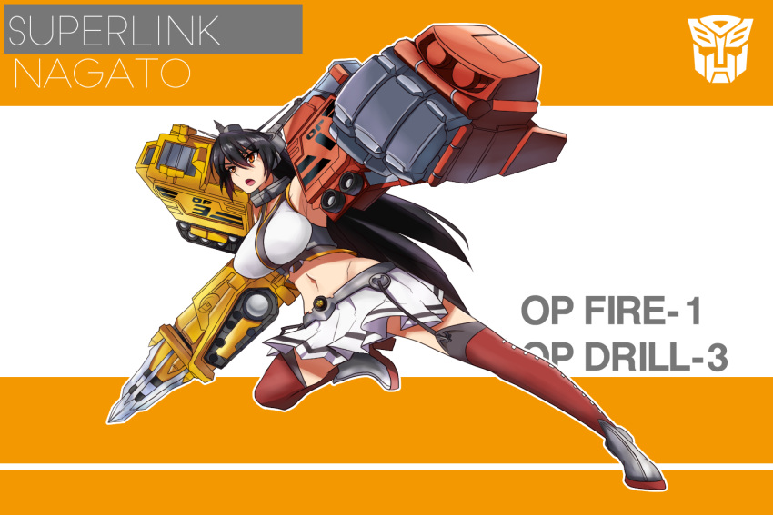 1girl altronage autobot black_hair breasts crossover drill english headgear kantai_collection large_breasts long_hair mechanical_arms nagato_(kantai_collection) optimus_prime optimus_prime_(cosplay) transformers transformers_energon yellow_eyes