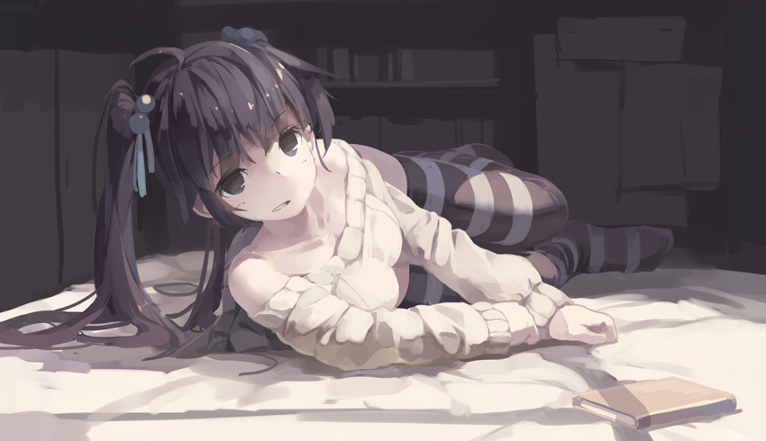 1girl bare_shoulders black_eyes black_hair book hair_bobbles hair_ornament huanxiang_huifeng indoors looking_at_viewer lying on_bed on_side original solo striped striped_legwear thigh-highs twintails