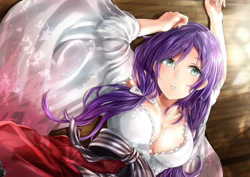 1girl breasts cleavage green_eyes japanese_clothes long_hair love_live!_school_idol_project lying miko napo8593 on_back purple_hair solo toujou_nozomi twintails
