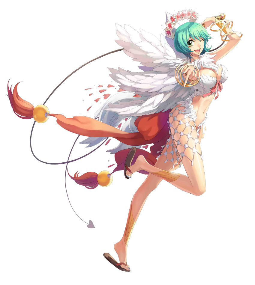 1girl angel_wings blue_nails bow bracelet breasts flower green_eyes green_hair grin heart highres jewelry large_breasts legs leona_(pixiv) midriff nail_polish official_art one_eye_closed open_mouth pointing ragnarok_online sandals short_hair simple_background smile solo wanderer weapon whip wings wreath