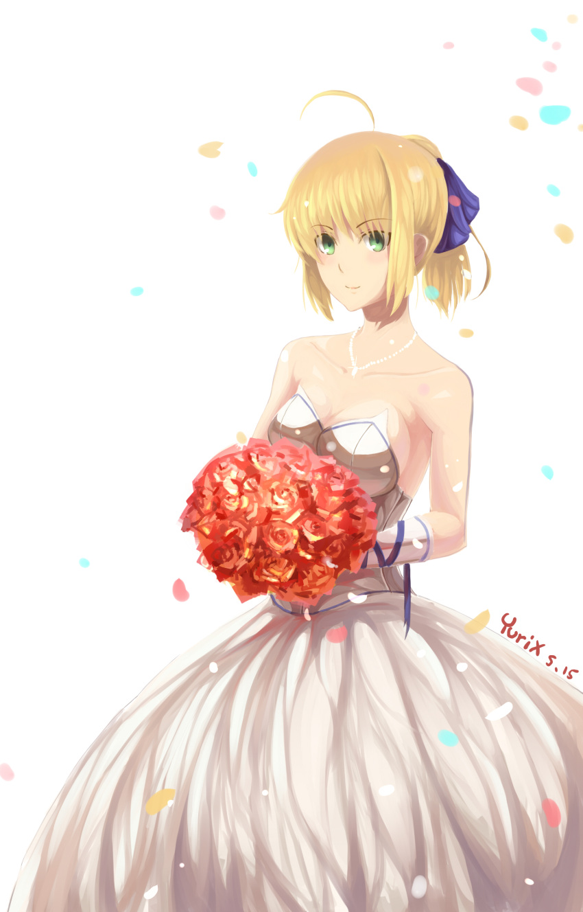 1girl absurdres ahoge artist_name blonde_hair blue_ribbon breasts cleavage dated dress elbow_gloves fate/stay_night fate_(series) flower gloves green_eyes hair_ribbon highres holding holding_flower jewelry looking_at_viewer necklace ponytail ribbon saber sideboob solo strapless_dress white_background white_dress yurix