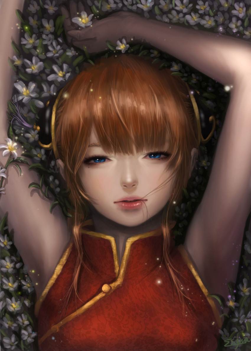 1girl absurdres arms_up bangs blue_eyes blunt_bangs bun_cover chinese_clothes double_bun gintama glowing hair_in_mouth half-closed_eyes highres kagura_(gintama) long_hair lying mole mole_under_eye on_back orange_hair parted_lips realistic red_lips sigma_(kyouniyan) sleeveless solo tassel upper_body white_flower