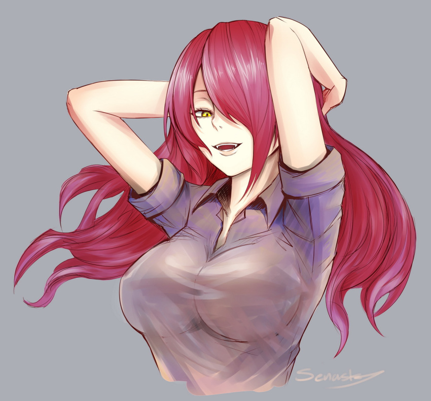 1girl breasts fang hair_over_one_eye highres kobayashi_rindou long_hair redhead shokugeki_no_souma slit_pupils solo yellow_eyes