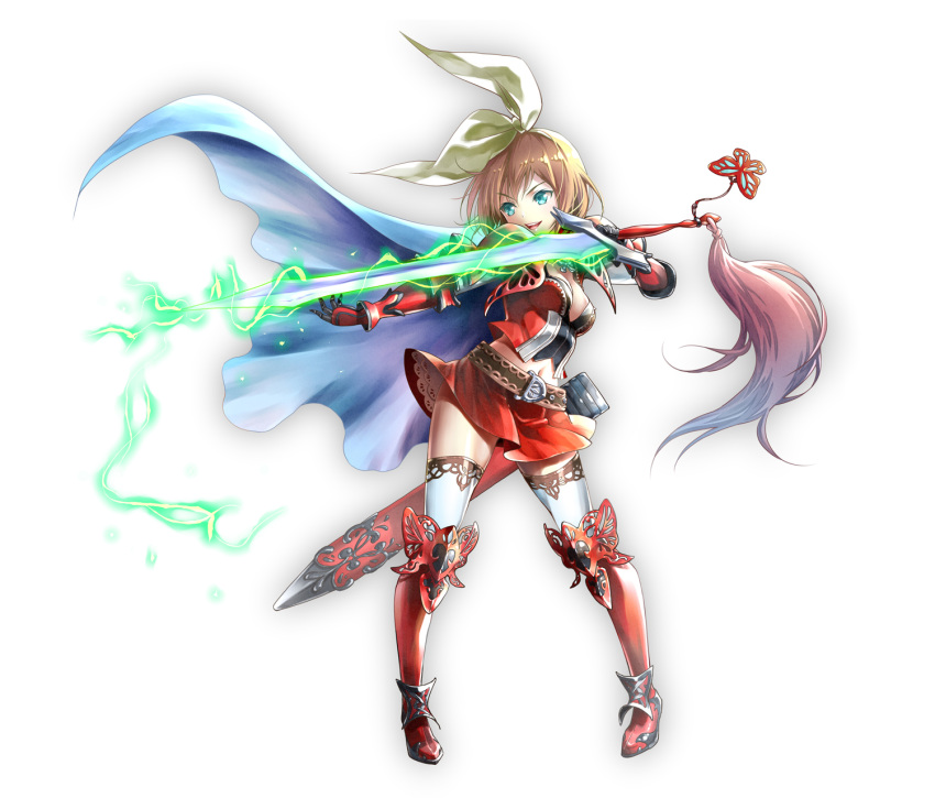 1girl :d alternate_costume armor blonde_hair blue_eyes boots bow breasts butterfly cape cleavage fantasy full_body gauntlets glowing glowing_sword glowing_weapon hair_ribbon hairband highres holding_sword holding_weapon kagamine_rin legs_apart midriff miniskirt navel open_mouth outstretched_arm pauldrons pigeon-toed red_boots red_skirt ribbon short_hair skirt smile solo standing stomach suishougensou sword tassel thigh-highs unsheathed vocaloid weapon white_background white_bow white_ribbon zettai_ryouiki
