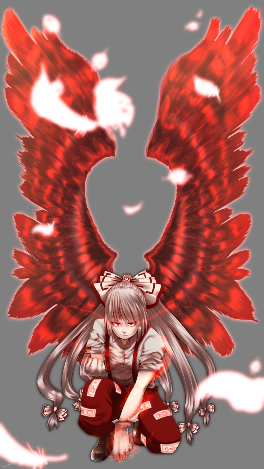 1girl bird_wings boots bow clenched_hands feathers fujiwara_no_mokou grey_background hair_bow hair_ribbon highres long_hair pants red_eyes ribbon silver_hair simple_background smile solo squatting sufia suspenders torn_clothes torn_sleeves touhou very_long_hair wings