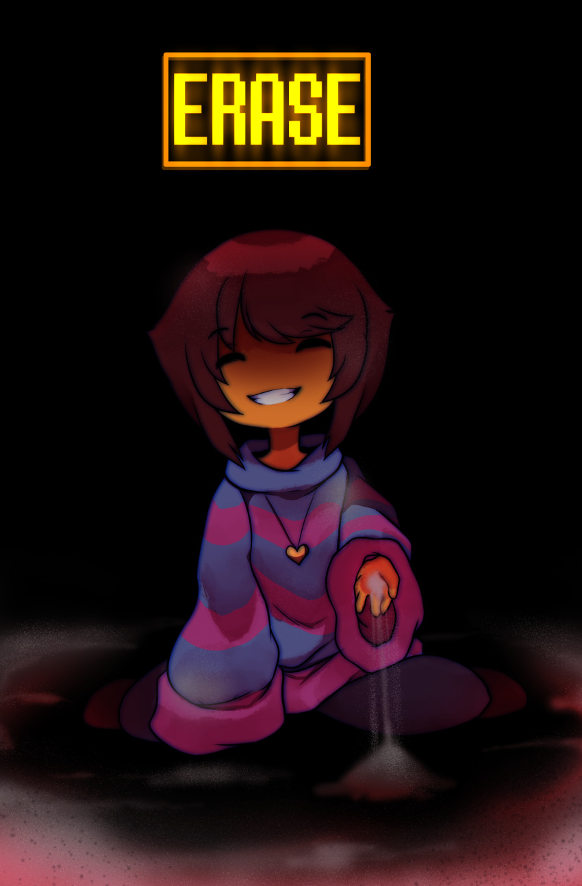 androgynous black_background brown_hair closed_eyes dark_persona dust evil_grin evil_smile frisk_(undertale) grin heart heart_necklace highres raikissu shaded_face sitting smile solo striped striped_sweater sweater tagme undertale