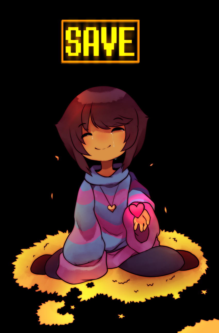 androgynous black_background brown_hair closed_eyes frisk_(undertale) heart heart_necklace highres raikissu sitting smile solo striped striped_sweater sweater tagme tears undertale