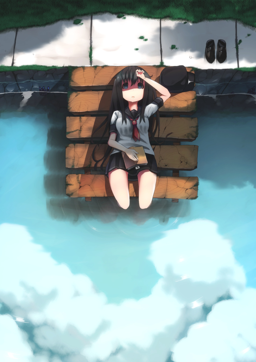 1girl akatsuki_(kantai_collection) anchor_symbol badge bangs black_hair black_shoes black_skirt blouse blue_eyes book book_on_lap breasts clouds expressionless flat_cap from_above grass hand_on_forehead hat hat_removed headwear_removed highres kantai_collection loafers long_hair looking_at_viewer lying miniskirt nabeo neckerchief no_legwear on_back open_book open_mouth outdoors pier reflection ripples school_uniform serafuku shadow shoes shoes_removed short_sleeves skirt soaking_feet solo sunlight water white_blouse