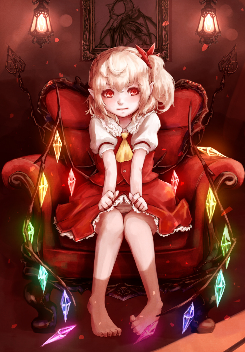 1girl :| armchair barefoot blonde_hair blurry blush bokeh chair cravat depth_of_field flandre_scarlet frame highres hoshibuchi indoors lace-trimmed_skirt laevatein lamp looking_to_the_side panties pantyshot pantyshot_(sitting) photo_(object) pointy_ears red_eyes red_skirt red_vest shade shirt short_sleeves side_ponytail sitting skirt skirt_set solo touhou underwear white_hair white_panties white_shirt wings