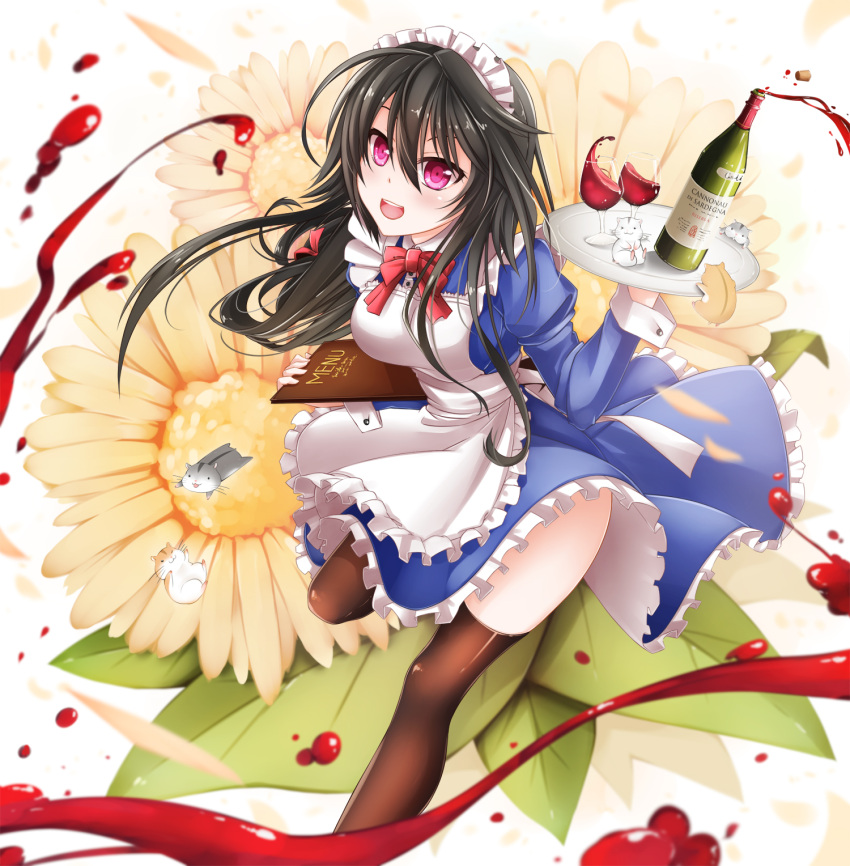 1girl :d alcohol apron black_hair blue_dress bow brown_legwear chipmunk cup dress drinking_glass flower frilled_dress frills healther highres long_hair looking_at_viewer maid maid_headdress menu open_mouth original red_eyes smile solo squirrel sunflower thigh-highs tray wine wine_bottle wine_glass