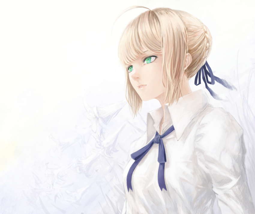 1girl ahoge artist_request blonde_hair collared_shirt fate/stay_night fate_(series) green_eyes highres parted_lips ribbon saber shirt simple_background solo wrinkles