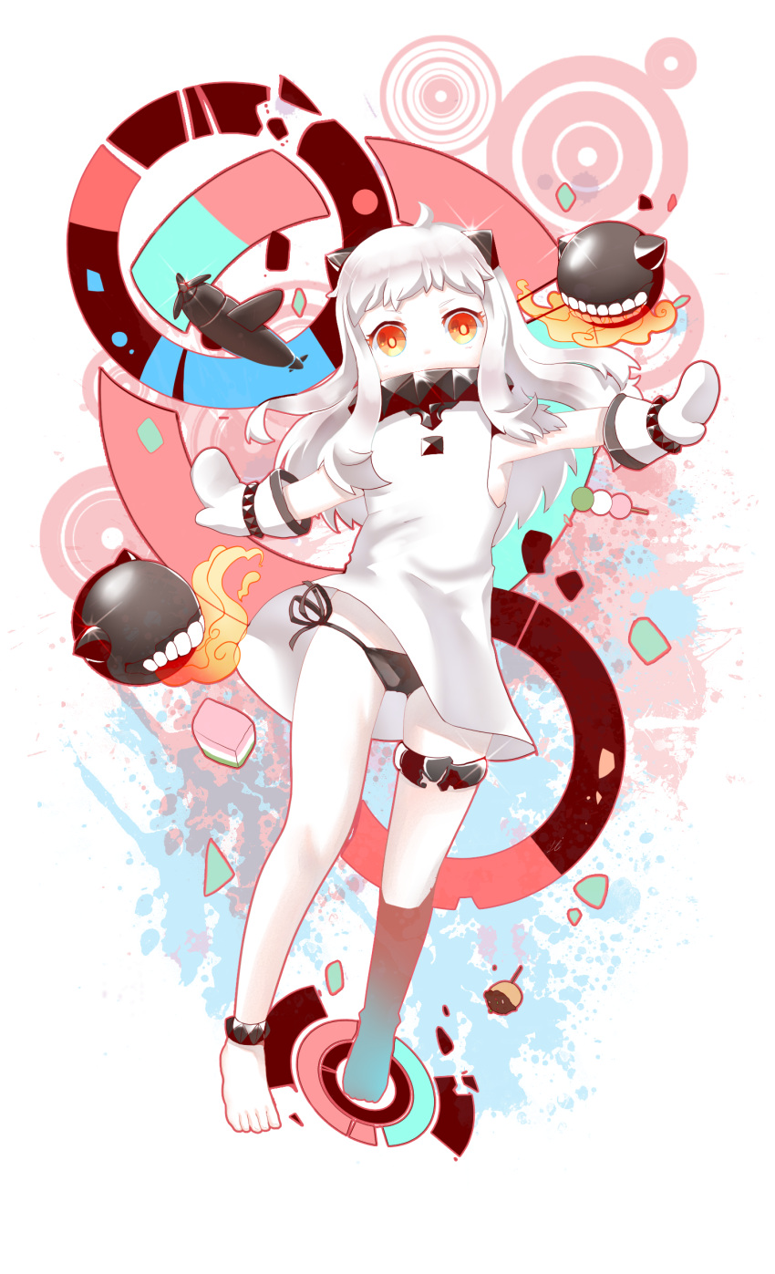 1girl absurdres ahoge black_panties covered_mouth dango dress enemy_aircraft_(kantai_collection) food highres horns kantai_collection long_hair looking_at_viewer mittens northern_ocean_hime orange_eyes panties pantyshot pantyshot_(standing) shinkaisei-kan side-tie_panties standing underwear wagashi white_dress white_hair white_skin y.i._(lave2217)